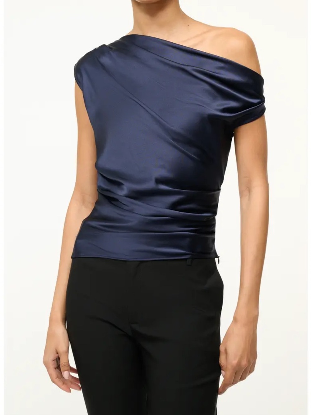 STAUD Phare Navy Silk Draped Top